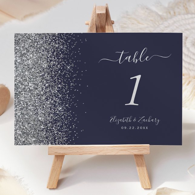 Modern Dark Navy Blue Silver Glitter Edge Wedding Table Number (Creator Uploaded)