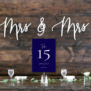 Modern Dark Navy  White Script Wedding Reception  Table Number