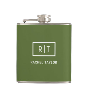 Modern Dark Olive Green Monogram Hip Flask