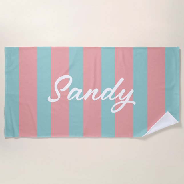 Modern dark pink &blue  custom name beach towel (Front)