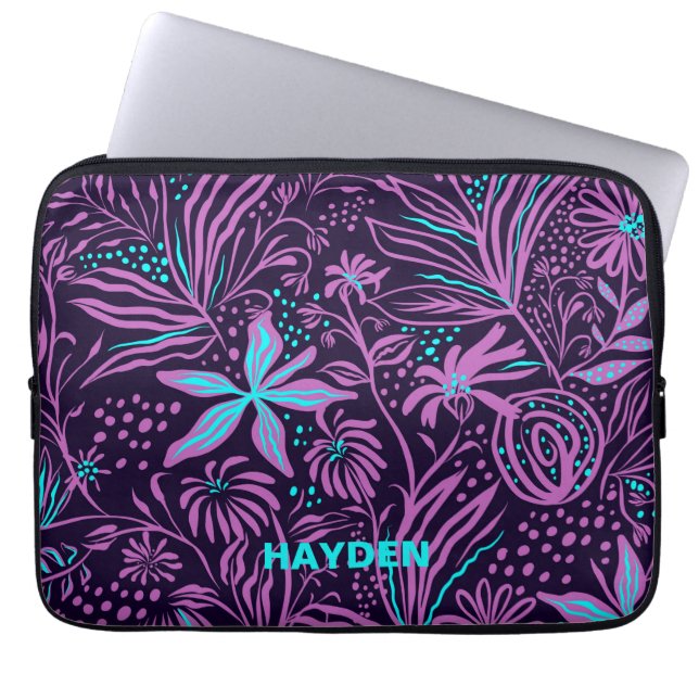 Modern Dark Purple Floral Pattern Personalised Laptop Sleeve (Front)