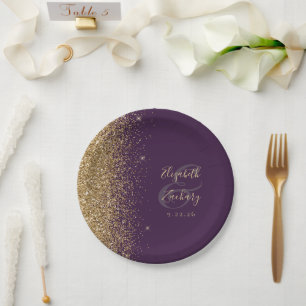 Modern Dark Purple Gold Glitter Edge Wedding Paper Plate