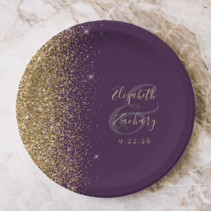 Modern Dark Purple Gold Glitter Edge Wedding Paper Plate