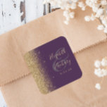 Modern Dark Purple Gold Glitter Edge Wedding Square Sticker<br><div class="desc">This elegant modern wedding sticker features a faux gold glitter design on the left edge. Easily customize the gold-coloured text on a dark purple background,  with the names of the bride and groom in handwriting calligraphy over a large ampersand.</div>