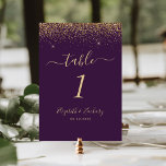 Modern Dark Purple Gold Glitter Edge Wedding Table Number<br><div class="desc">The top edge of this elegant modern wedding table number features a gold faux glitter design. The customizable text combines pale gold-coloured handwriting,  copperplate and italic fonts on a dark purple background.</div>