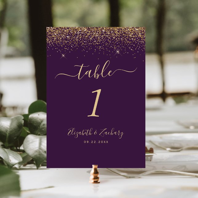 Modern Dark Purple Gold Glitter Edge Wedding Table Number (Creator Uploaded)