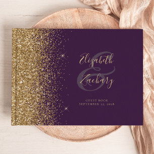 Modern Dark Purple Gold Glitter Script Guest Book