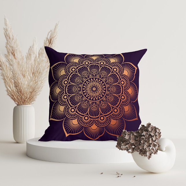 Modern Dark Purple Peach Mandala Throw Pillow (Modern Dark Purple Peach Mandala Throw Pillow in a white room with dry flowers.)