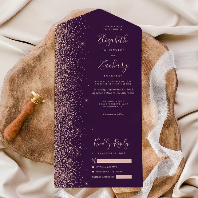 Modern Dark Purple Rose Gold Glitter Wedding All In One Invitation (Creator Uploaded)