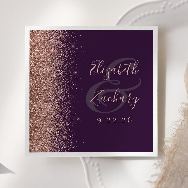 Modern Dark Purple Rose Gold Glitter Wedding Napkin (Creator Uploaded)