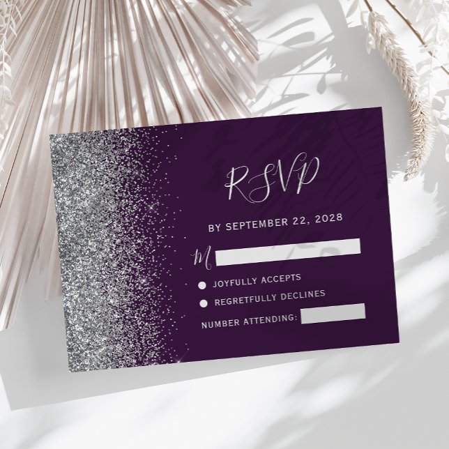 Modern Dark Purple Silver Faux Glitter Edge RSVP Card (Creator Uploaded)