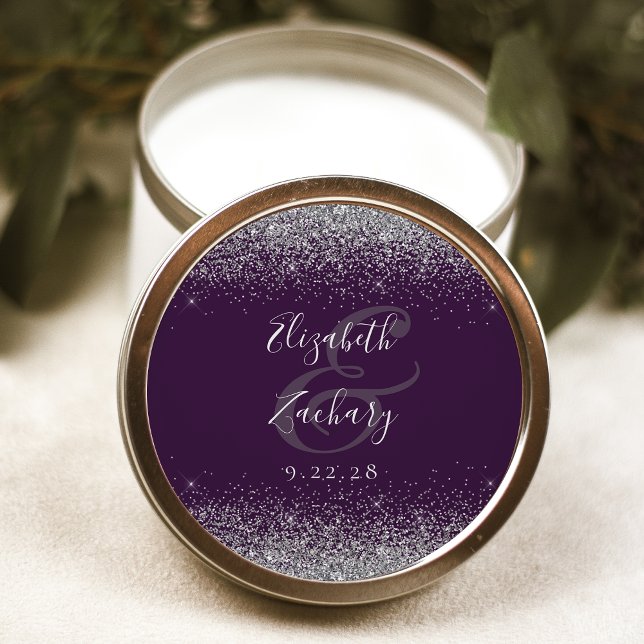 Modern Dark Purple Silver Glitter Edge Wedding Classic Round Sticker (Creator Uploaded)