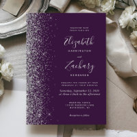 Modern Dark Purple Silver Glitter Edge Wedding