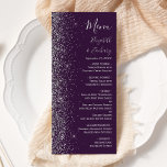 Modern Dark Purple Silver Glitter Edge Wedding Menu<br><div class="desc">The left-hand edge of this elegant modern wedding menu features a silver faux glitter design. The customizable text combines silver grey handwriting,  copperplate and italic fonts on a dark purple background. The reverse side features a matching purple and silver glitter design.</div>