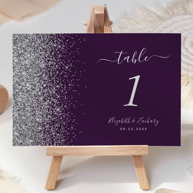 Modern Dark Purple Silver Glitter Edge Wedding Table Number (Creator Uploaded)