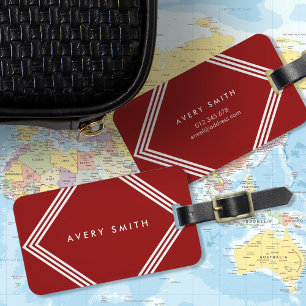 Modern Dark Red and Geometric White Borders Luggage Tag