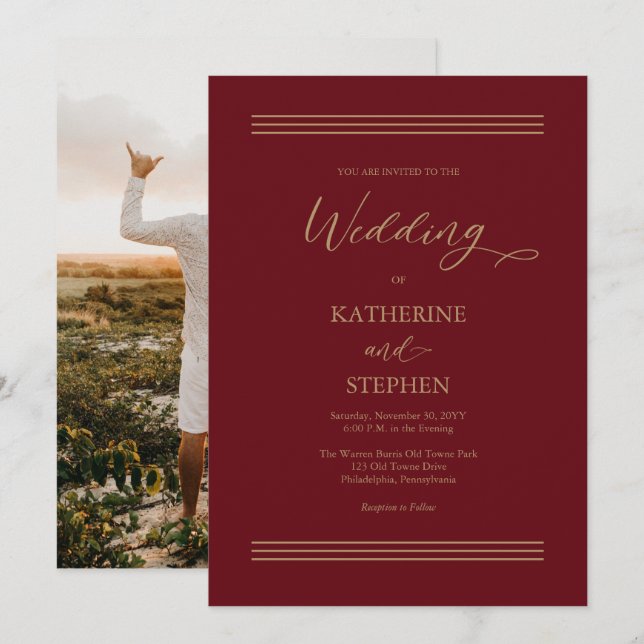 Modern Dark Red | Antique Gold Minimalist Wedding Invitation (Front/Back)