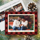 Modern Dark Red Buffalo Plaid Christmas Photo Foil Holiday Card<br><div class="desc">Framed in real gold foil and plaid, this festive "Merry Christmas" holiday photo card features a landscape photo holiday design with gold foil border and heart accent, a trendy crimson dark red and black hand painted watercolor buffalo check plaid pattern, and simple elegant black text that can be fully-personalized on...</div>