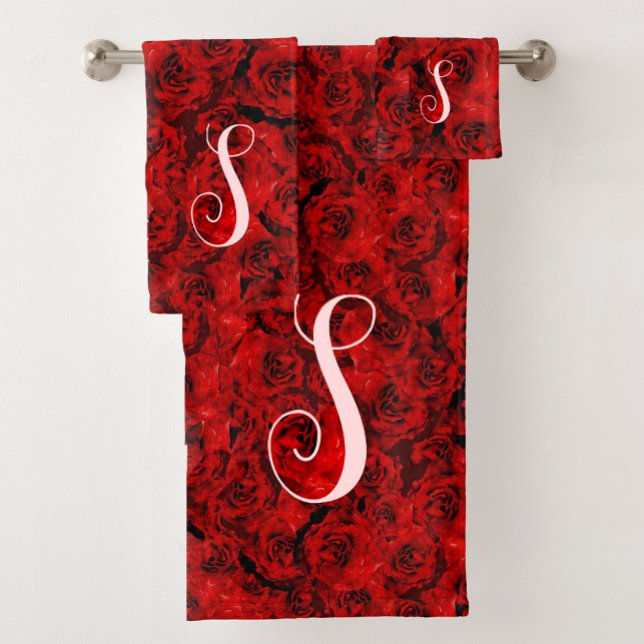 Modern Dark Red Roses Chic Custom Monogram  Bath Towel Set (Creator Uploaded)