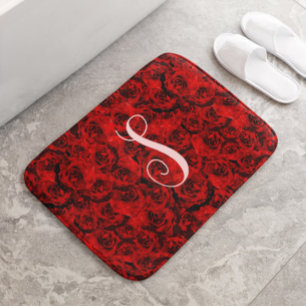 Modern Dark Red Roses Custom Monogram Bath Mat
