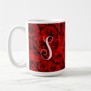 Modern Dark Red Roses Stylish Custom Monogram Coffee Mug