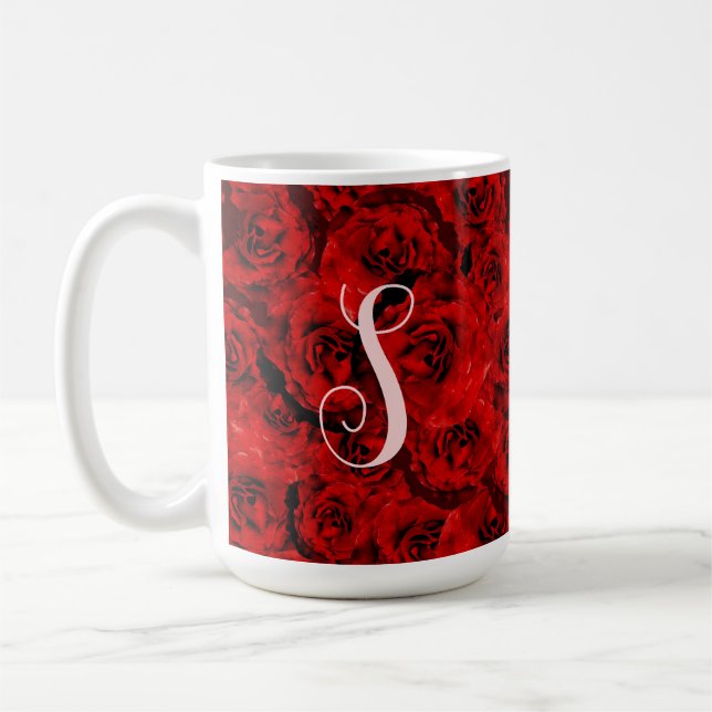 Modern Dark Red Roses Stylish Custom Monogram Coffee Mug (Left)