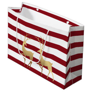 Modern Dark Red Stripes Gold Deer Large Gift Bag