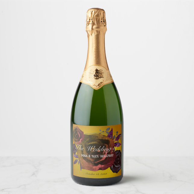 Modern Dark Roses on Gold Watercolor Sparkling Wine Label (Front)