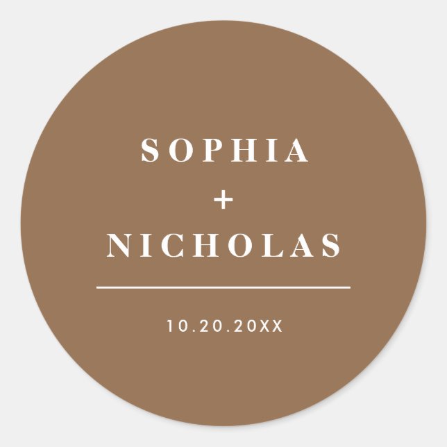 Modern Dark Taupe Minimal Elegant Wedding Classic Round Sticker (Front)