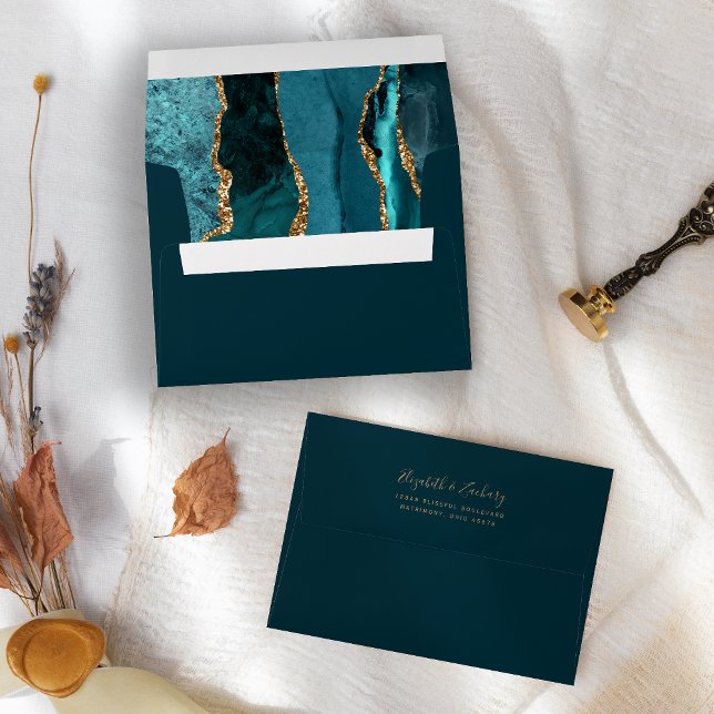 Modern Dark Teal Gold Agate Dark Wedding Envelope (Creator Uploaded)
