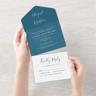 Modern Dark Teal Minimalist Handwriting Wedding Al All In One Invitation