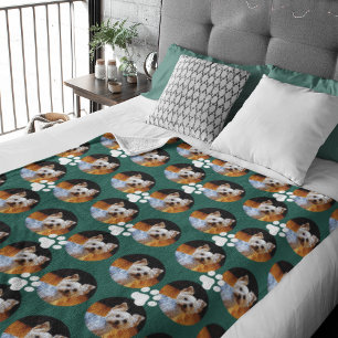 Modern Dark Teal Pet Photo Paw Print Pattern Cute  Fleece Blanket