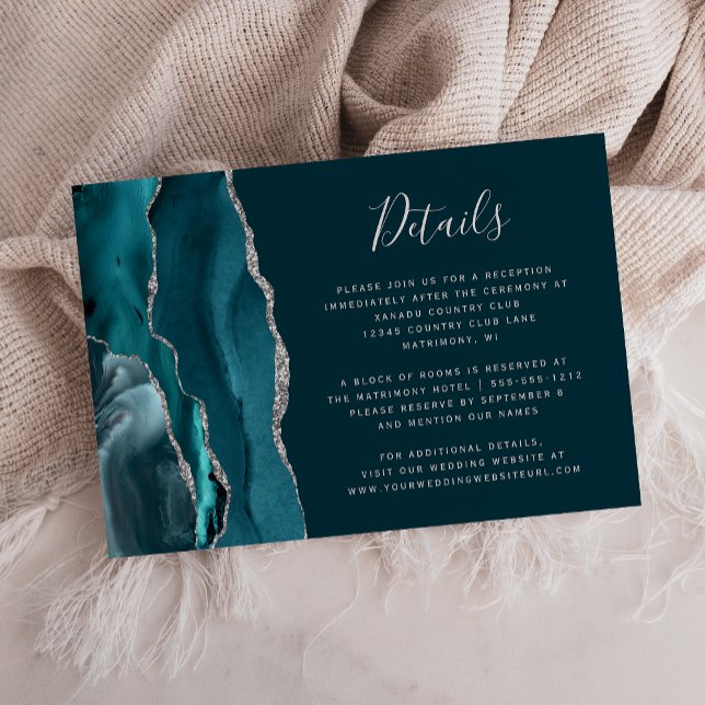 Modern Dark Teal Silver Agate Wedding Details Enclosure Card (Creator Uploaded)