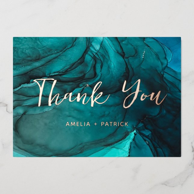 modern Dark Teal watercolor wedding thank you  (Front)