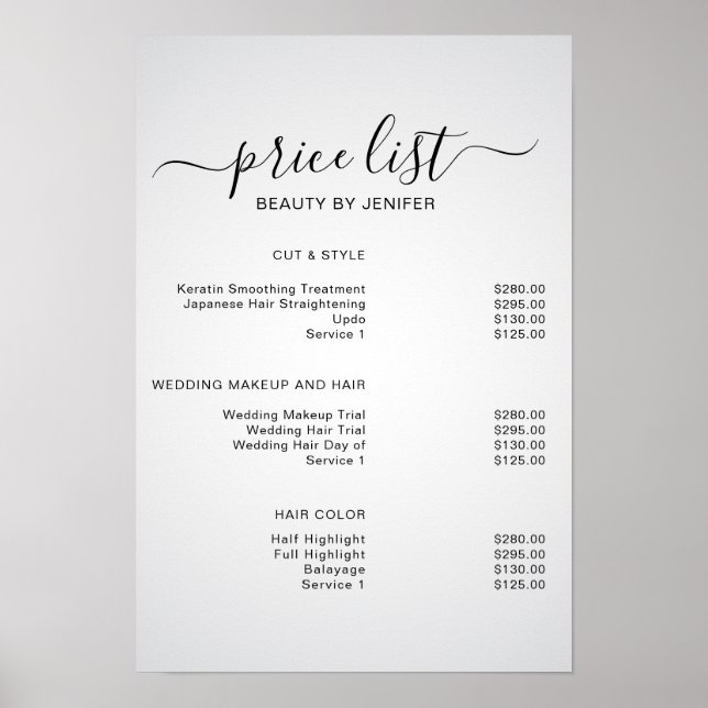 Modern Dark White  Elegant Beauty salon price list Poster (Front)