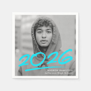 Modern Dashed 2024 Turquoise Photo Graduation Napkin