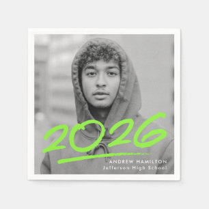 Modern Dashed 2025 Lime Green Photo Graduation Napkin