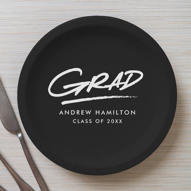 Modern Dashed Grad Black and White Graduation Paper Plate (Creator Uploaded)