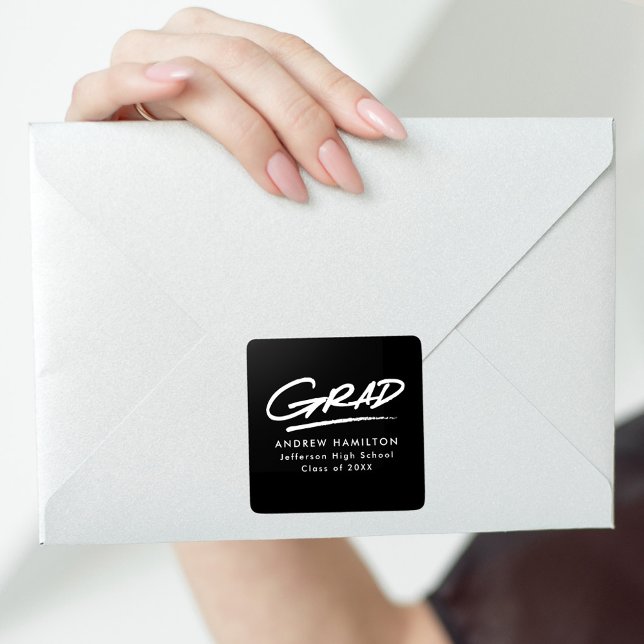 Modern Dashed Grad Black and White Graduation Square Sticker (Creator Uploaded)