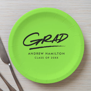 Modern Dashed Grad Lime Green Graduation Paper Plate
