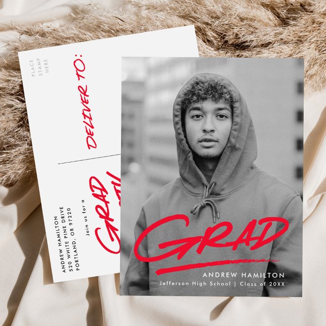 Modern Dashed Grad Red Photo Graduation Party Invitation Postcard (Creator Uploaded)