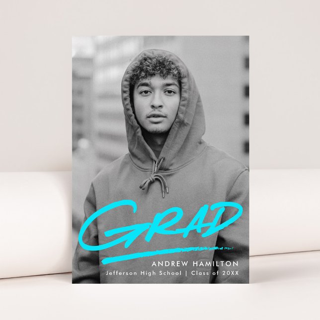 Modern Dashed Grad Turquoise Photo Graduation Announcement (Creator Uploaded)