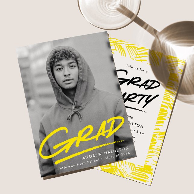 Modern Dashed Grad Yellow Photo Graduation Party Invitation (Creator Uploaded)