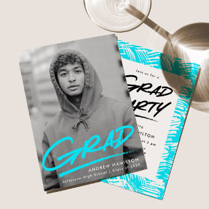 Modern Dashed Turquoise Photo Graduation Party Invitation