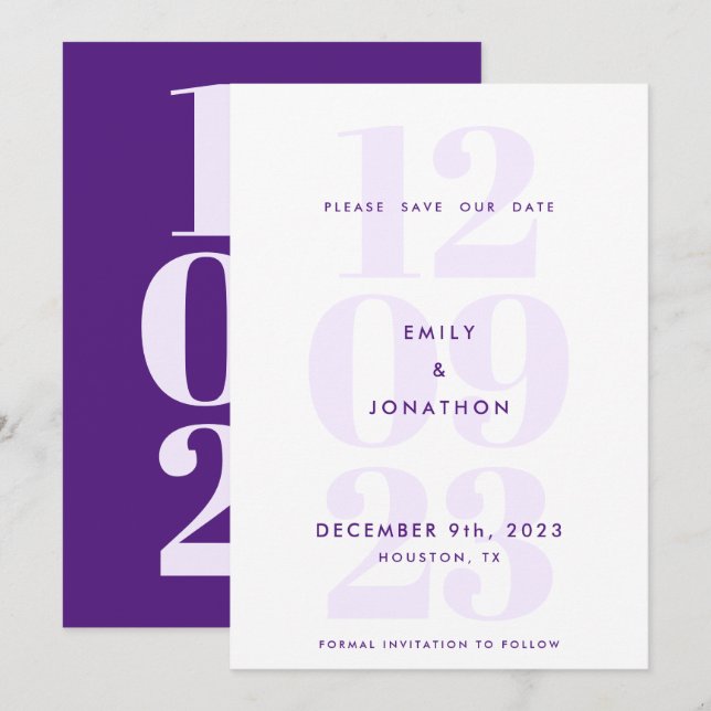 Modern Date Number Typography Purple Save The Date (Front/Back)