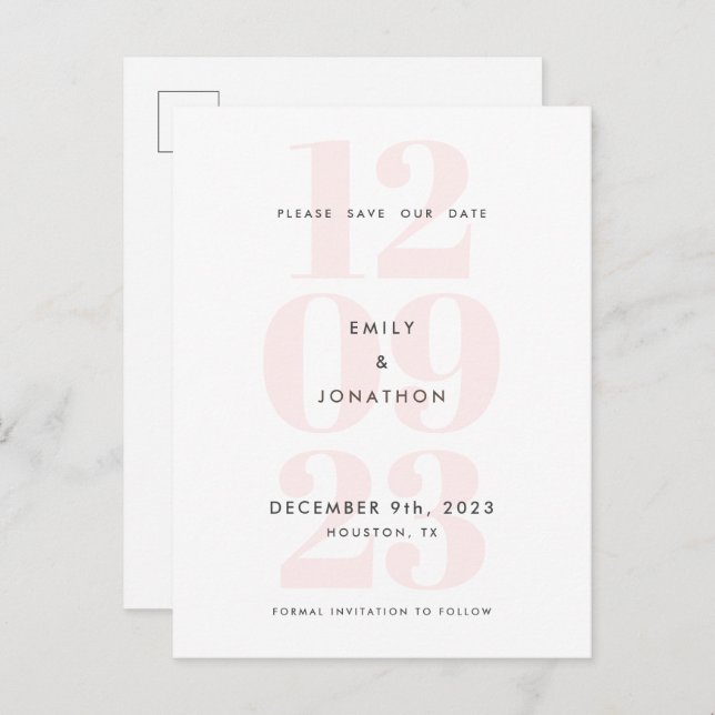 Modern Date Numeral Typography Pink Save The Date Announcement Postcard (Front/Back)