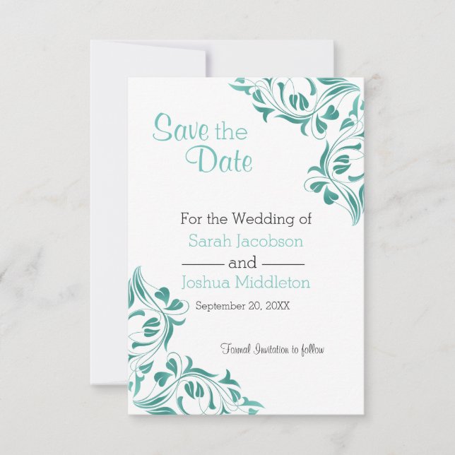 Modern Day Teal Floral Save The Date (Front)