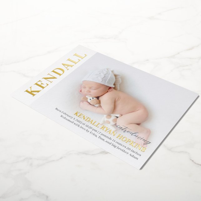 Modern Debut Foil Baby Birth Announcement (Rotated)