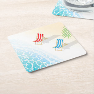 Modern Deckchairs at Seaside Art Square Paper Coaster