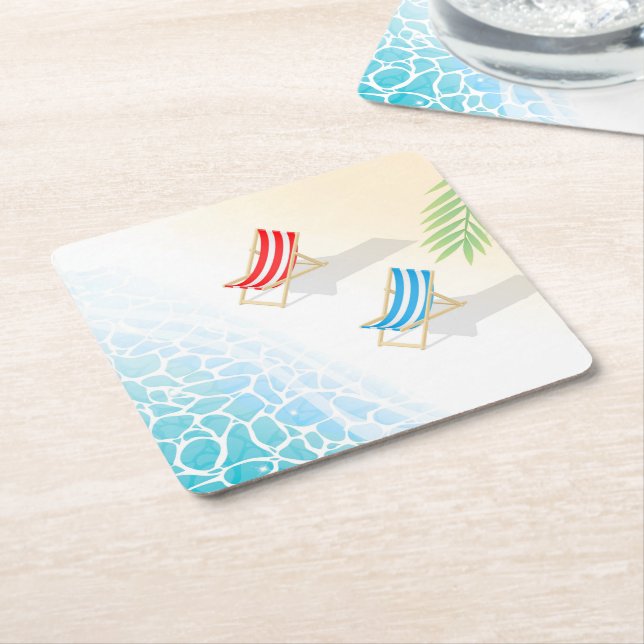 Modern Deckchairs at Seaside Art Square Paper Coaster (Angled)